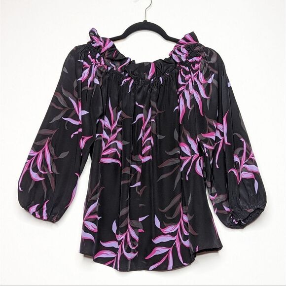 Tucker NYC Off the Shoulder Long Top Black Coconut Palms Crepe de Chine Silk Top - Picture 6 of 8